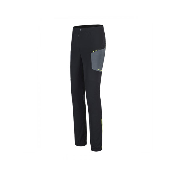 vista del fianco del pantalone montura ski style pants colore nero con dettagli giallo fluo