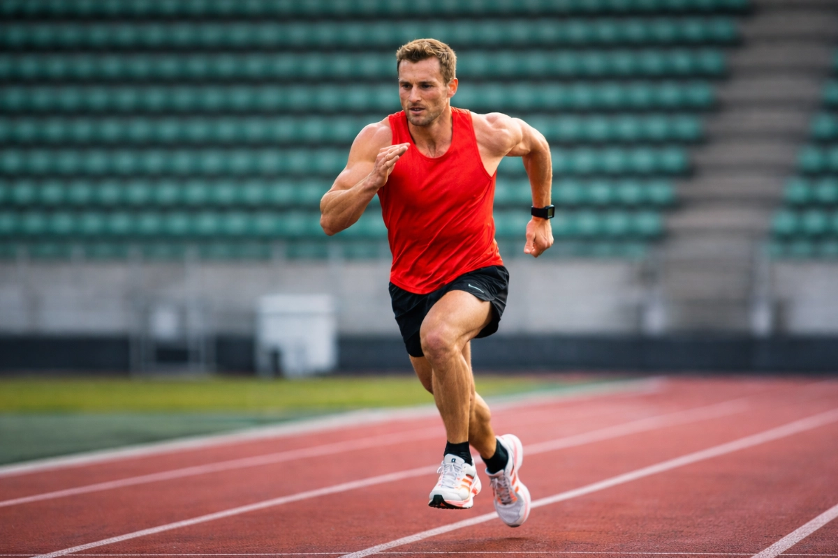 Runner durante allenamento norvegese su pista con cardiofrequenzimetro e controllo dei dati